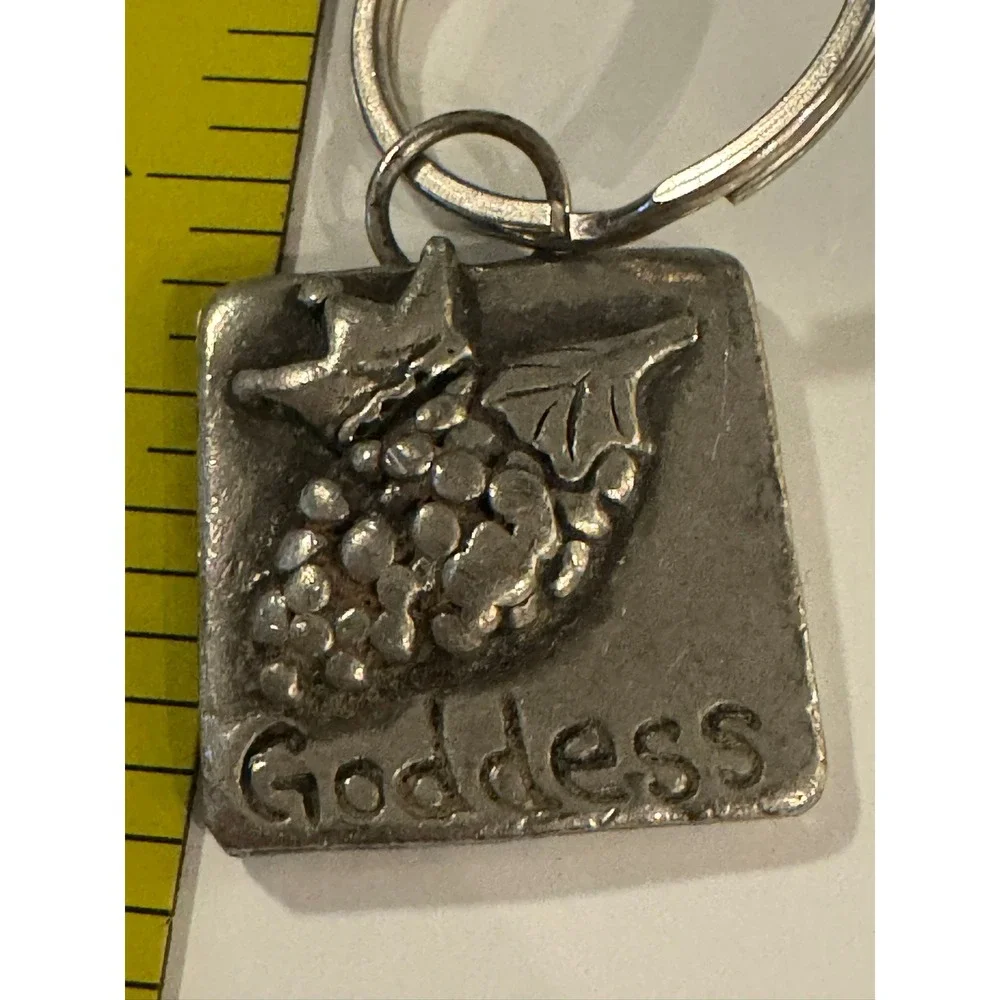 Vintage Goddess Keychain Crowned Grapes Wine Theme Silver Tone Square Charm